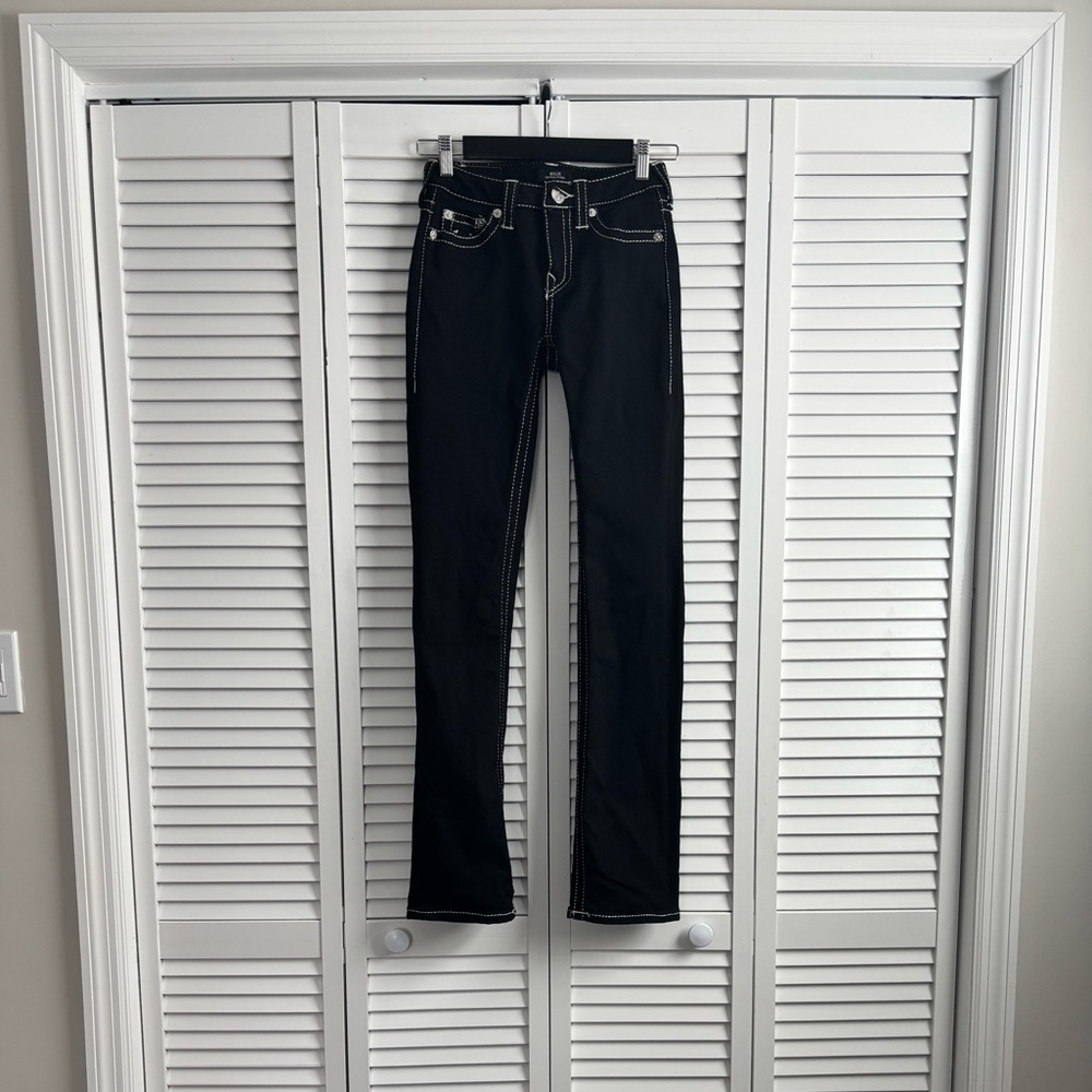 TRUE RELIGION Billie Mid Rise Big T Lurex Straight Jean in Black